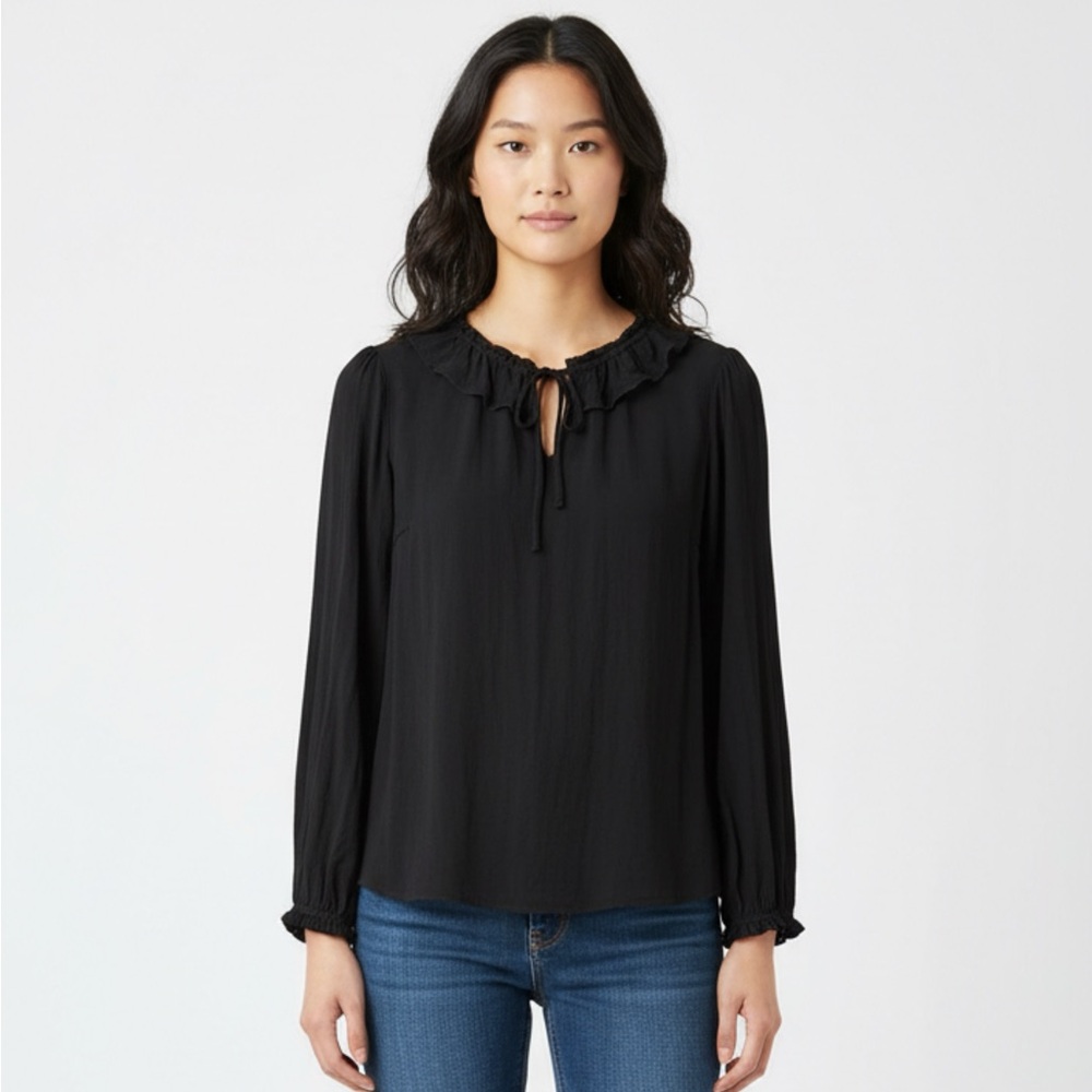 BODEN BLACK LONG SLEEVE TOP W/ RUFFLE COLLAR & KEYHOLE TIE, RUFFLE SLEEVE DETAIL - Picture 2 of 12